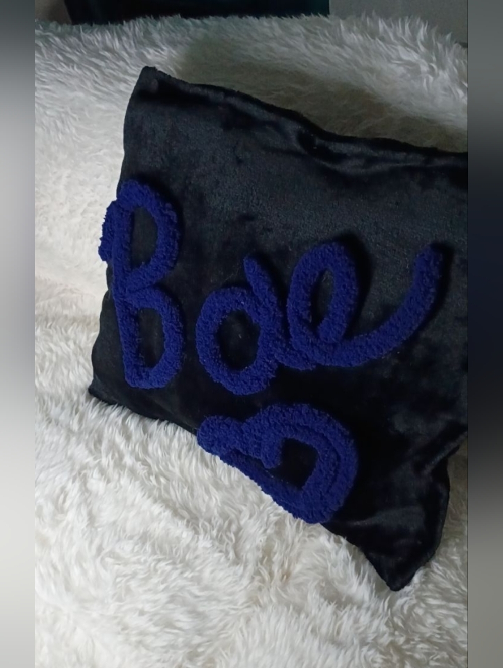 Black Throw Pillow with Blue 'Bae' Chenille Applique
